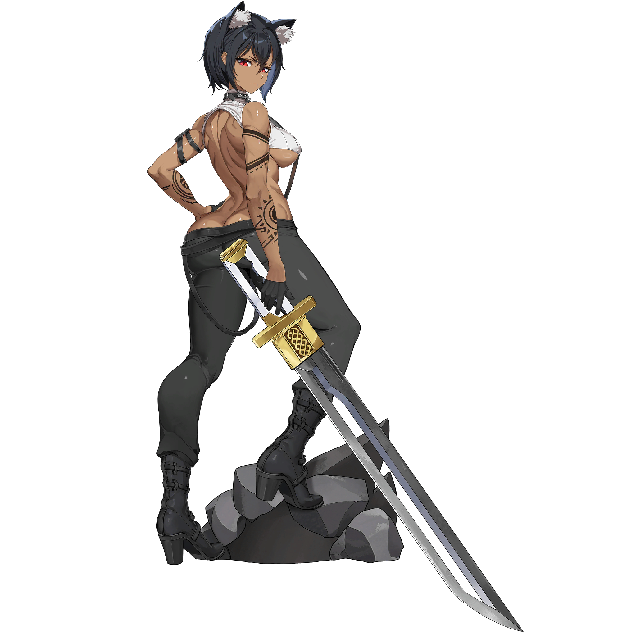 u-rix, vargr (last origin), last origin, highres, non-web source, official art, 1girl, animal ear fluff, animal ears, arm pouch, arm tattoo, ass, backless shirt, belt, black belt, black boots, black collar, black hair, black pants, boots, breasts, closed mouth, collar, crop top, dark-skinned female, dark skin, dog ears, dog girl, full body, hair between eyes, hand on own hip, high heel boots, high heels, holding, holding sword, holding weapon, leg up, looking at viewer, looking back, median furrow, muscular, muscular female, official alternate costume, official alternate eye color, official alternate skin color, on rock, pants, red eyes, ribbed shirt, shirt, short hair, shoulder blades, sideboob, simple background, sleeveless, sleeveless shirt, solo, spiked collar, spikes, standing, sword, tachi-e, tattoo, transparent background, weapon, white shirt