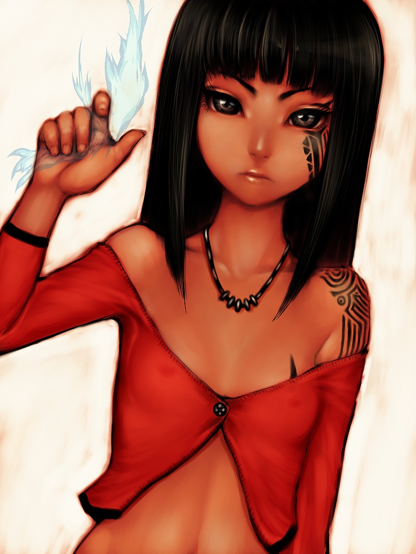 fumio (rsqkr), original, 1girl, aged down, bare shoulders, black hair, brown eyes, child, dark-skinned female, dark skin, female focus, flat chest, jewelry, lips, long hair, midriff, necklace, solo, solo focus, tattoo