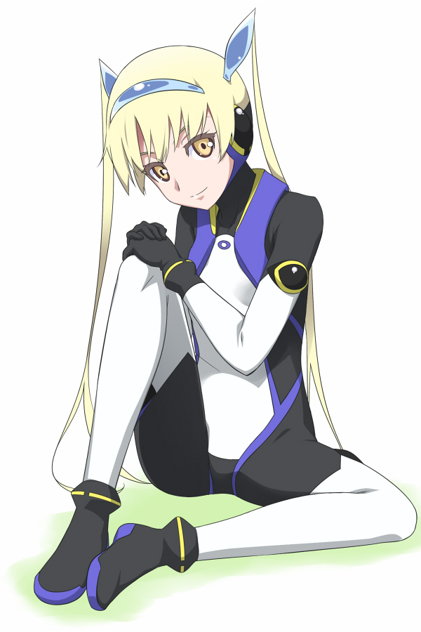 youkan, hannah weber, element hunters, bad id, bad pixiv id, 00s, 1girl, blonde hair, bodysuit, brown eyes, female focus, full body, gradient background, leg lift, long hair, sitting, solo, twintails, white background