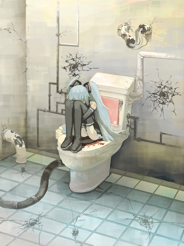 yashima yuuta, hatsune miku, vocaloid, bathroom, cable, crack, hugging own legs, industrial pipe, long hair, skirt, solo, thighhighs, toilet, very long hair