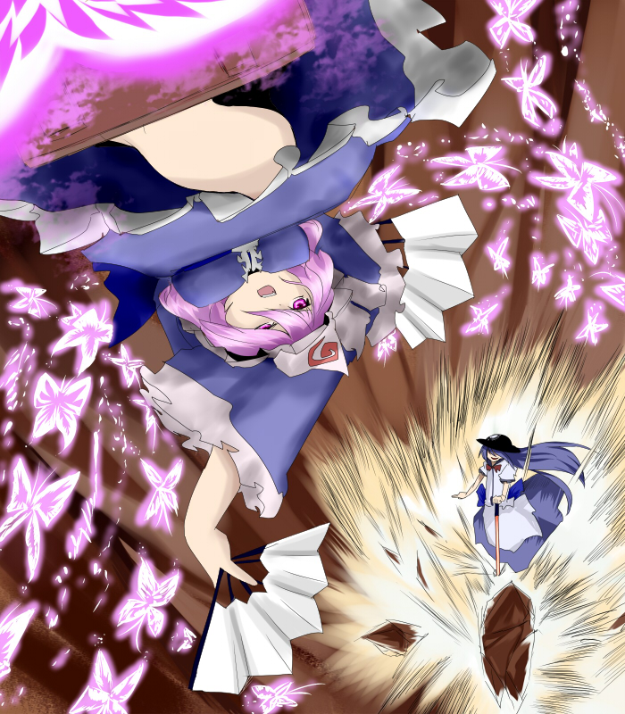 mizuga, hinanawi tenshi, saigyouji yuyuko, scarlet weather rhapsody, touhou, bad id, bad pixiv id, 2girls, battle, blue eyes, bug, butterfly, danmaku, female focus, hand fan, hat, multiple girls, pink eyes, pink hair, sword, upside-down, weapon
