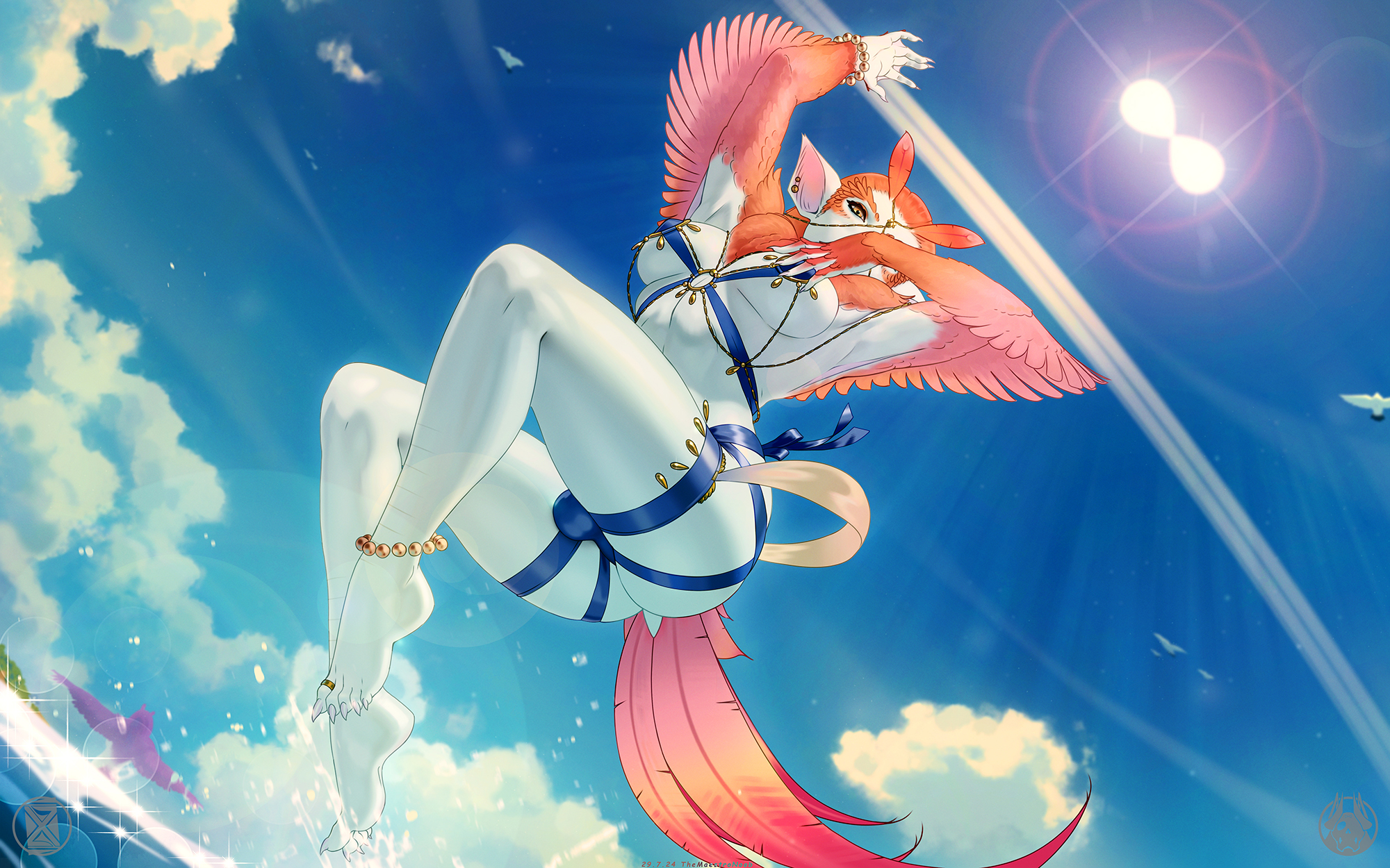 themaestronoob, original, commentary, english commentary, highres, 1girl, animal ears, artist logo, artist name, barefoot, bracelet, bulge, claws, dated, feathers, fingernails, futanari, harpy, jewelry, logo, monster girl, pearl anklet, pearl bracelet, sharp fingernails, sharp toenails, solo, toe ring, toenails, water, winged arms, wings