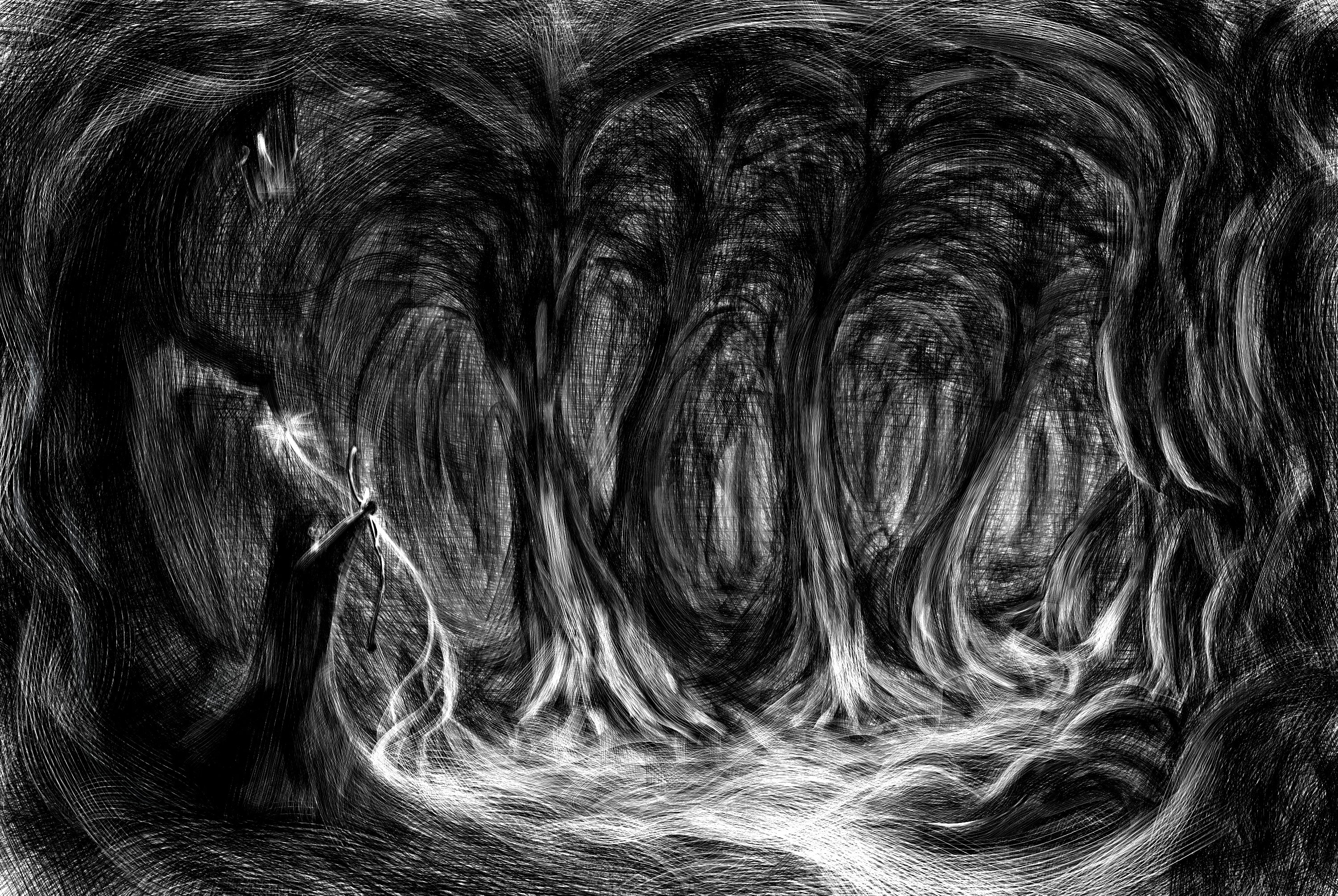 shuta, original, bad id, bad pixiv id, highres, fantasy, forest, greyscale, magic, monochrome, nature, pointing, solo, staff