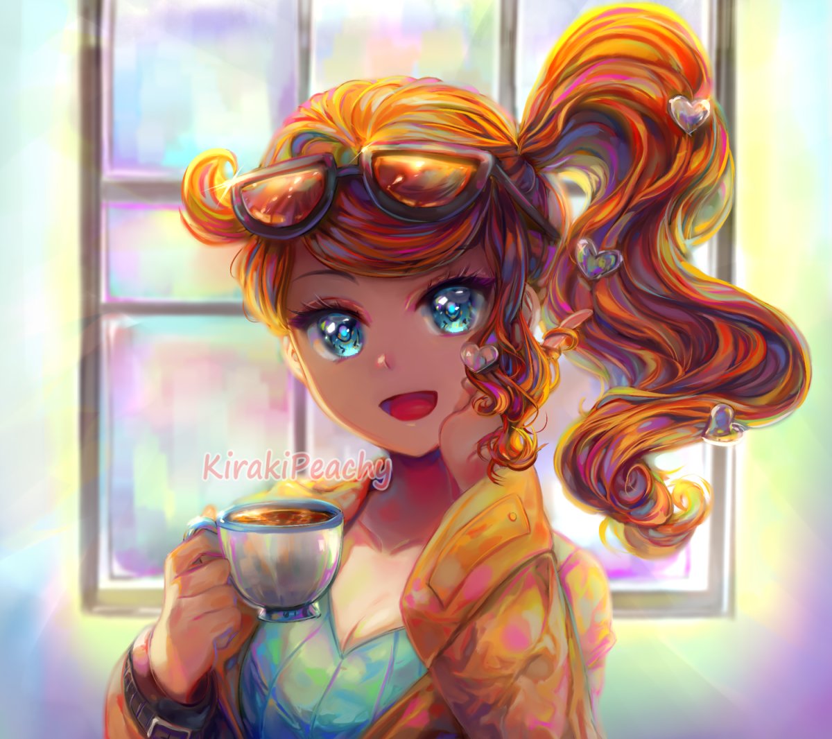 kirakipeachy, sonia (pokemon), nintendo, pokemon, pokemon swsh, 1girl, aqua eyes, aqua shirt, black-framed eyewear, breasts, brown coat, cleavage, coat, collarbone, cup, eyewear on head, hair ornament, heart, heart hair ornament, holding, holding cup, medium breasts, open mouth, orange-tinted eyewear, orange hair, ribbed shirt, shirt, side ponytail, side ponytail with hair base, smile, solo, sunglasses, swept bangs, teacup, tinted eyewear, upper body, v-neck