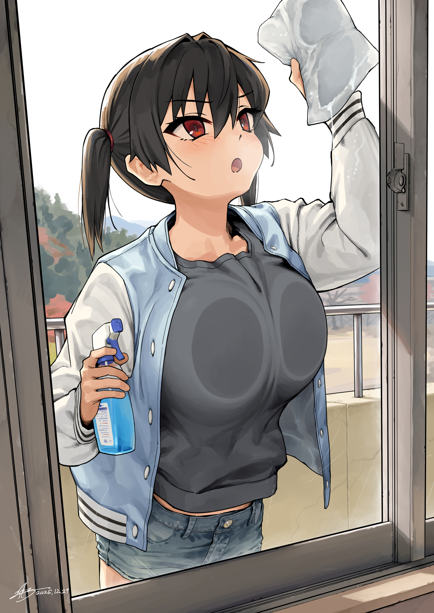 kaedeko (kaedelic), sasaki kanna, gaki kyonyuu, commentary request, highres, 1girl, against glass, black hair, black shirt, blue jacket, blue shorts, breast press, breasts, breasts on glass, cleaning, cleaning windows, hair between eyes, holding, jacket, large breasts, looking up, multicolored jacket, open mouth, oppai loli, outdoors, red eyes, shirt, shorts, signature, solo, twintails, two-tone jacket, white jacket, window