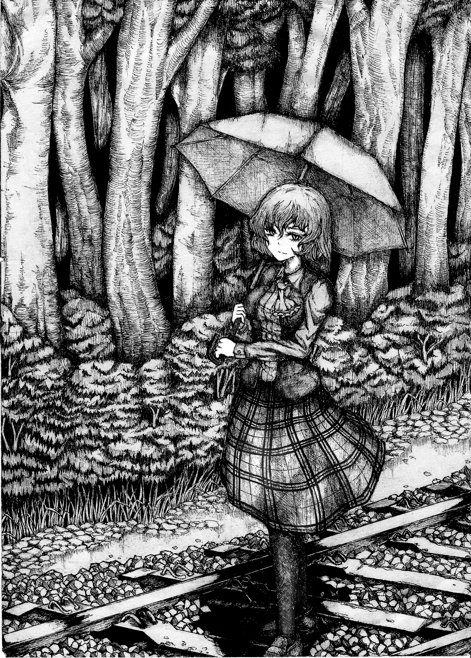 antediluvian, freewaterlemon, kazami yuuka, touhou, bad id, bad pixiv id, highres, traditional media, 1girl, ascot, female focus, forest, greyscale, monochrome, nature, parasol, plaid clothes, plaid skirt, railroad tracks, short hair, skirt, solo, umbrella, vest, walking