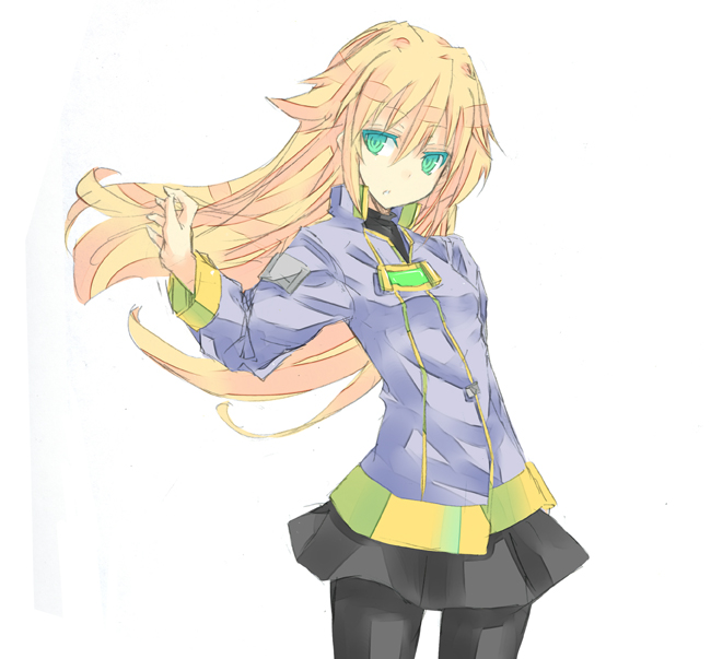 nabeshima tetsuhiro, sora (orange juice), 100% orange juice, suguri, 1girl, black pantyhose, blonde hair, cowboy shot, female focus, green eyes, jacket, long hair, long sleeves, pantyhose, parted lips, skirt, solo, standing, white background