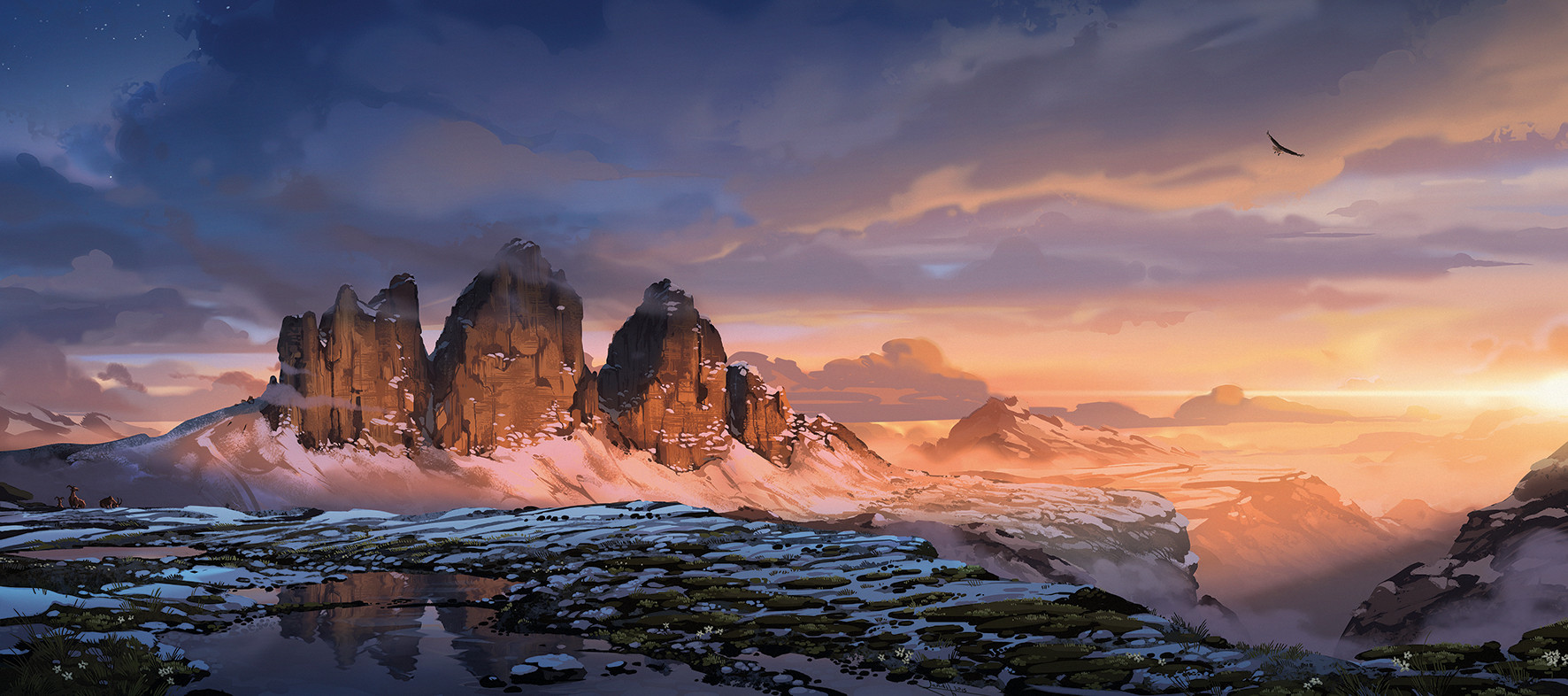 lorenzo lanfranconi, original, commentary, english commentary, highres, bird, blue sky, cliff, cloud, dawn, gradient sky, grass, landscape, mountain, no humans, painterly, pond, rock, scenery, sky, snow, star (sky), starry sky, sunrise, yellow sky