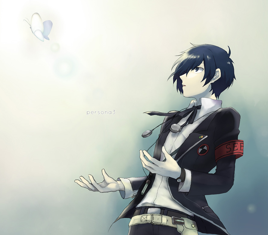 yunaka, philemon (butterfly), yuuki makoto (persona 3), atlus, persona, persona 3, bad id, bad pixiv id, 1boy, armband, belt, blue eyes, blue hair, bow, bowtie, bug, butterfly, headphones, insect, male focus, matching hair/eyes, outstretched arms, school uniform, solo, spread arms