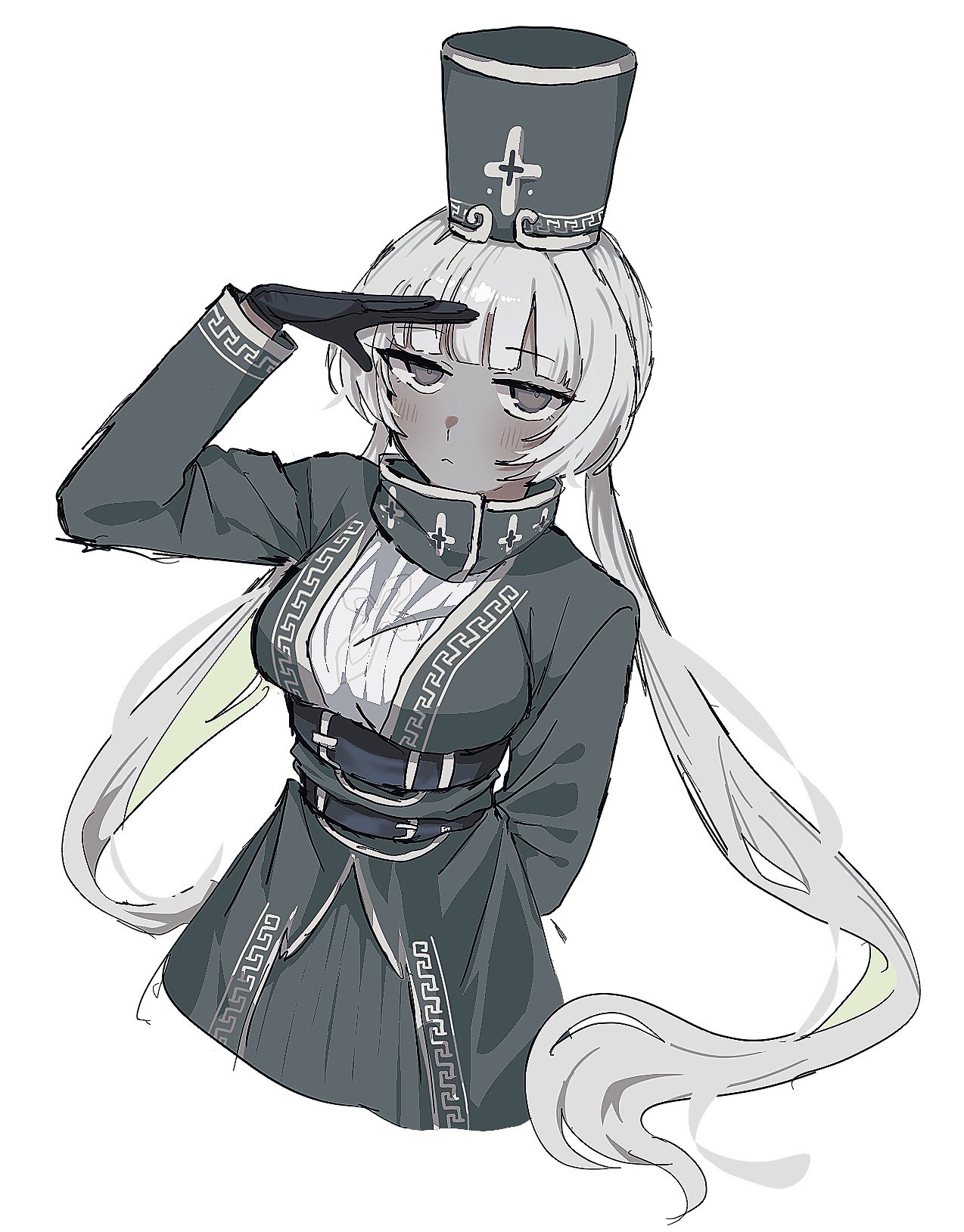 xxed h, charon (project moon), limbus company, project moon, highres, 1girl, arm behind back, belt, black gloves, black hat, blush, breasts, dark-skinned female, dark skin, gloves, grey eyes, grey hair, hat, jitome, large breasts, long hair, salute, simple background, solo, standing, very long hair, white background