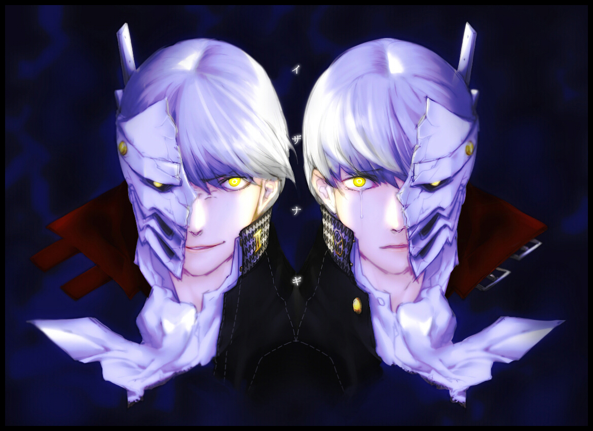 mutu, izanagi (persona 4), narukami yu, shadow (persona), atlus, persona, persona 4, silver hair, 1boy, angry, dark persona, dual persona, evil grin, evil smile, grin, male focus, mask, smile, sneer, symmetry, tears, yellow eyes