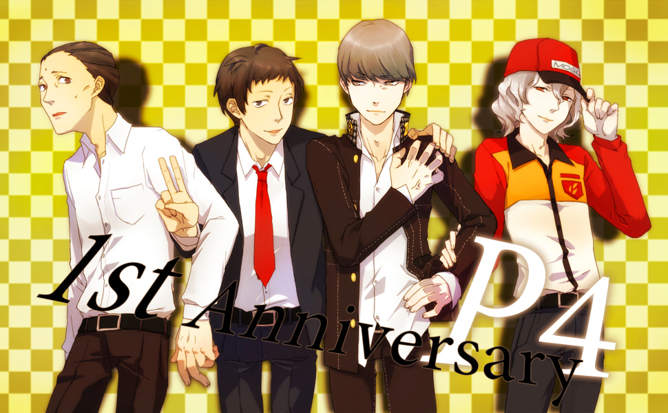 mutu, adachi tooru, izanami (persona), namatame tarou, narukami yu, atlus, persona, persona 4, spoilers, 1girl, 3boys, androgynous, angry, glaring, multiple boys, necktie, reverse trap, school uniform