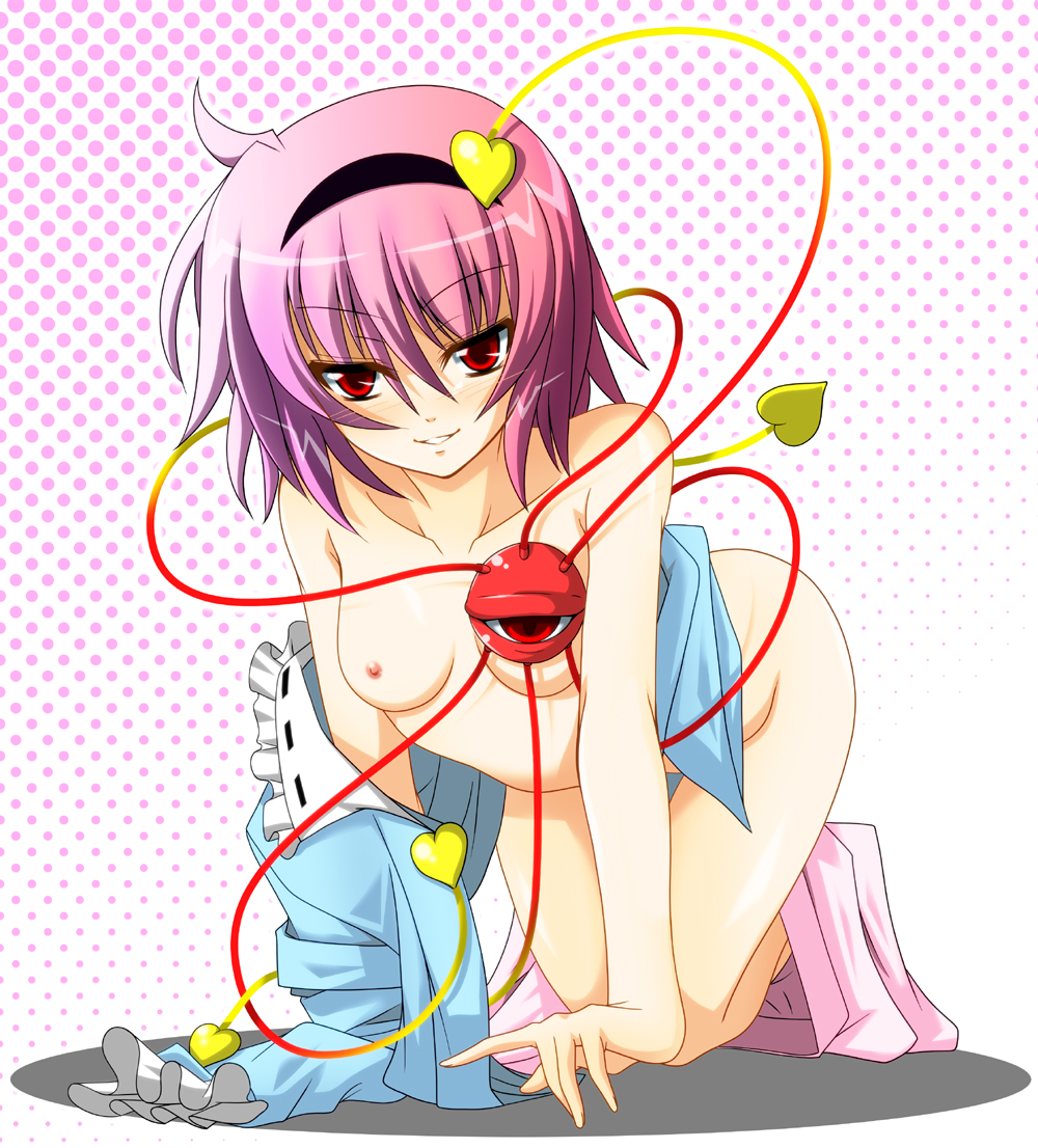fumihiro, komeiji satori, touhou, 1girl, all fours, blush, breasts, female focus, hairband, heart, naughty face, nipples, no panties, nude, pink hair, red eyes, short hair, smile, solo, undressing