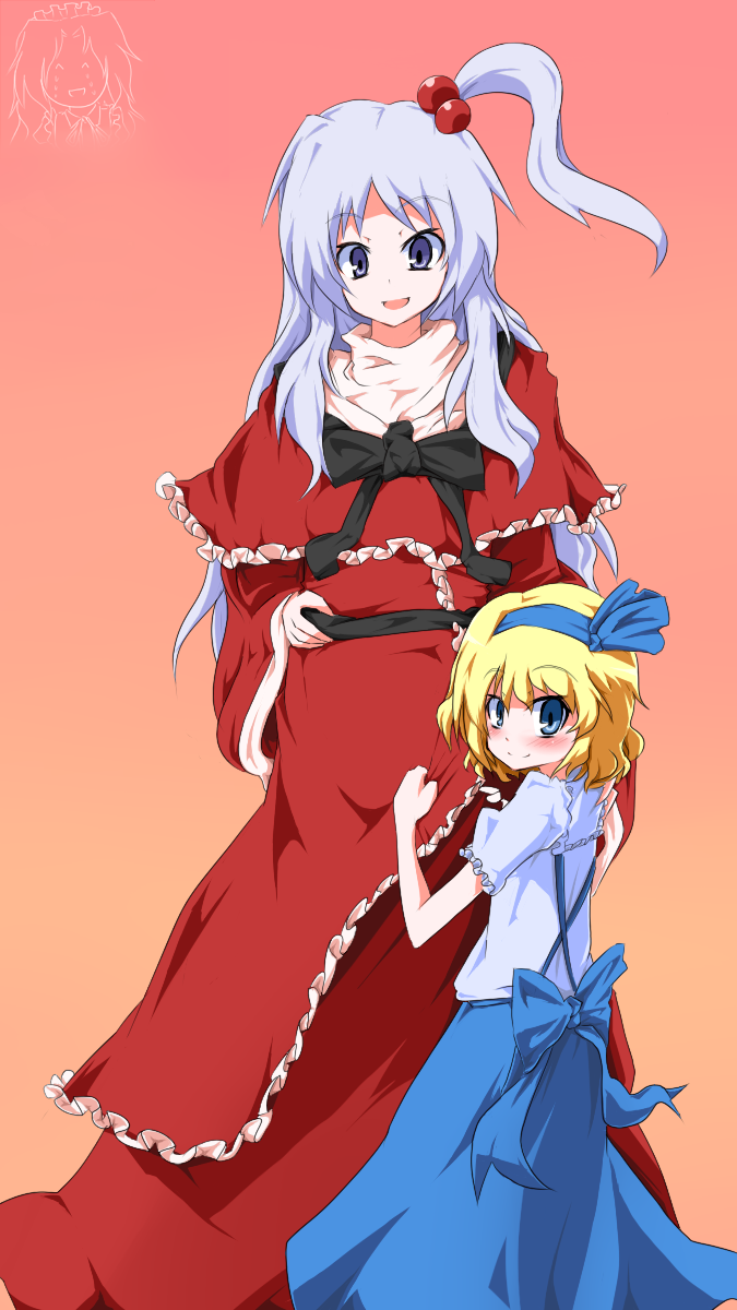 aho, alice margatroid, alice margatroid (pc-98), shinki (touhou), yumeko (touhou), mystic square, touhou, touhou (pc-98), light purple hair, highres, 2girls, blonde hair, blue eyes, blush, chibi, chibi inset, female focus, hair bobbles, hair ornament, hair ribbon, long hair, maid, multiple girls, purple eyes, ribbon, short hair, side ponytail, smile