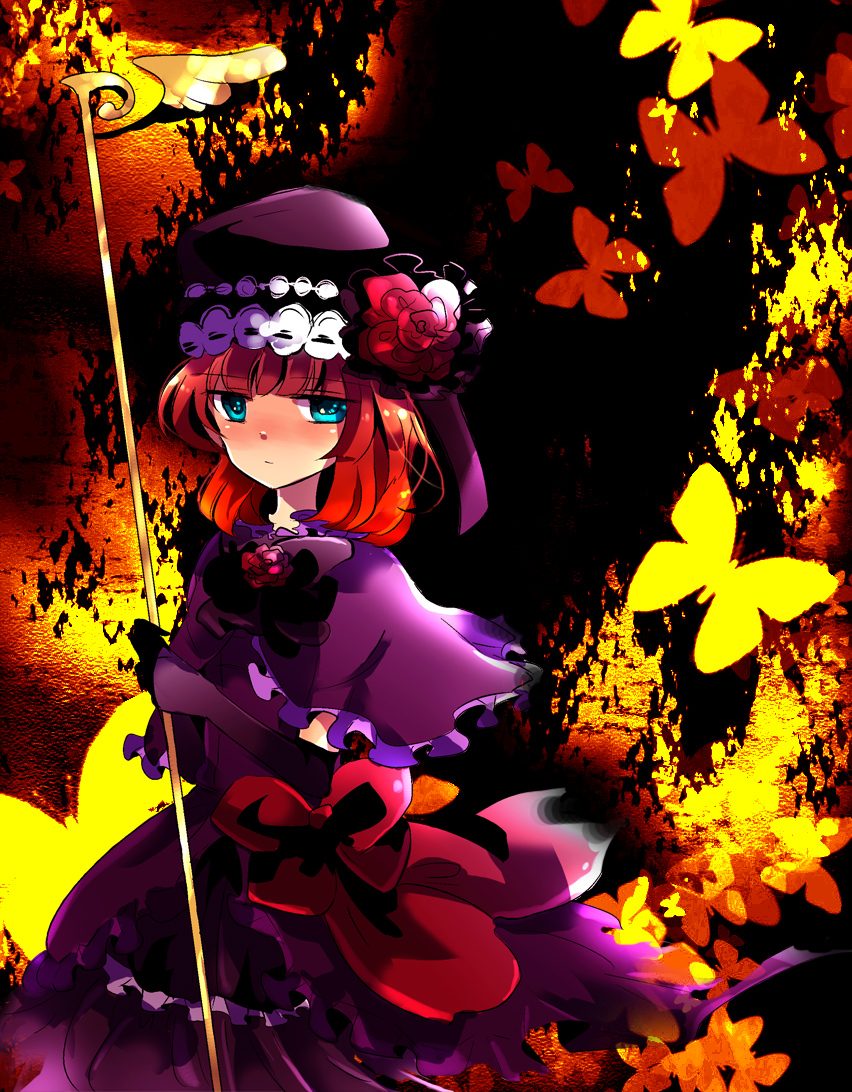 saemi, eva beatrice, umineko no naku koro ni, bad id, bad pixiv id, 00s, 1girl, blue eyes, bow, bug, butterfly, dress, elbow gloves, female focus, gloves, hat, insect, orange hair, solo, staff