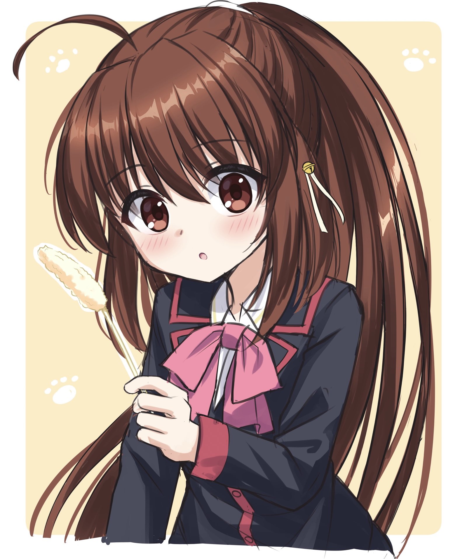 tyutaka0427, natsume rin, little busters!, commentary, highres, 1girl, :o, ahoge, bell, black jacket, blush, border, bow, bowtie, brown hair, cat teaser, cropped torso, eyes visible through hair, hair bell, hair between eyes, hair ornament, hand up, holding, holding cat teaser, jacket, jingle bell, little busters! school uniform, long hair, long sleeves, looking at viewer, open mouth, outside border, paw print, pink bow, pink bowtie, ponytail, red eyes, school uniform, sidelocks, simple background, sketch, solo, straight hair, tareme, upper body, very long hair, white border, yellow background