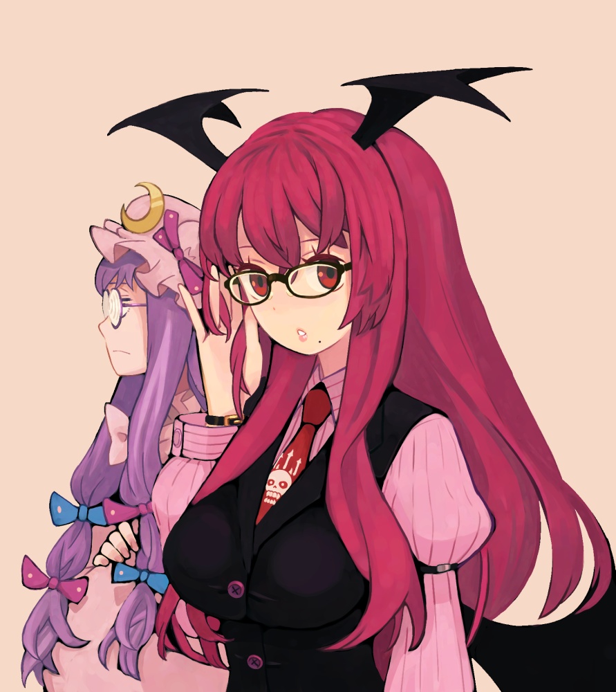 jean (jean sp), koakuma, patchouli knowledge, embodiment of scarlet devil, touhou, 2girls, adjusting eyewear, bat wings, bespectacled, breasts, female focus, glasses, hat, head wings, large breasts, long hair, mole, multiple girls, necktie, purple hair, red eyes, red hair, red necktie, wings
