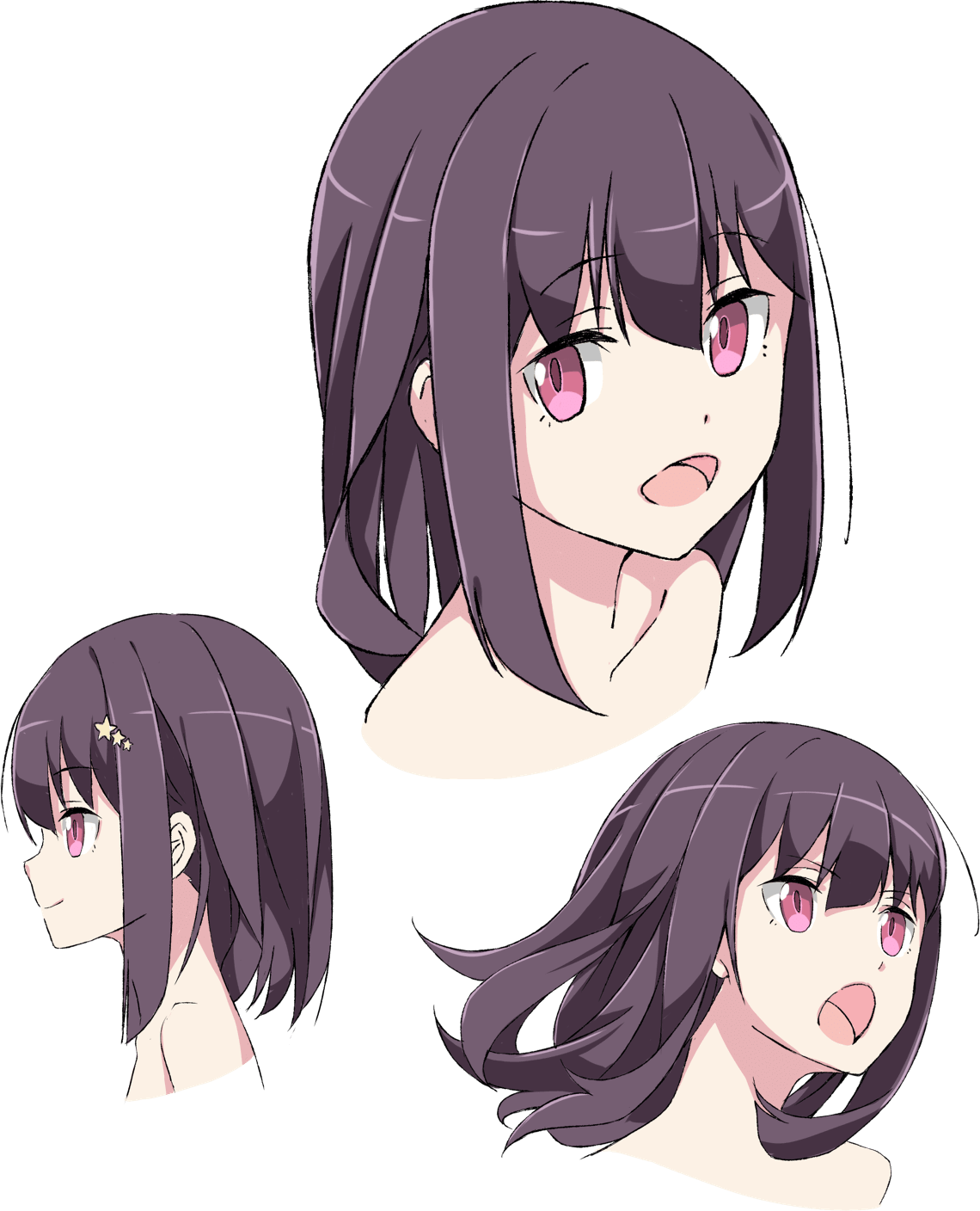 haru (henkei shoujo), henkei shoujo, highres, official art, 1girl, black hair, long hair, looking at viewer, looking to the side, multiple views, nude, open mouth, parted lips, pink eyes, simple background, transparent background