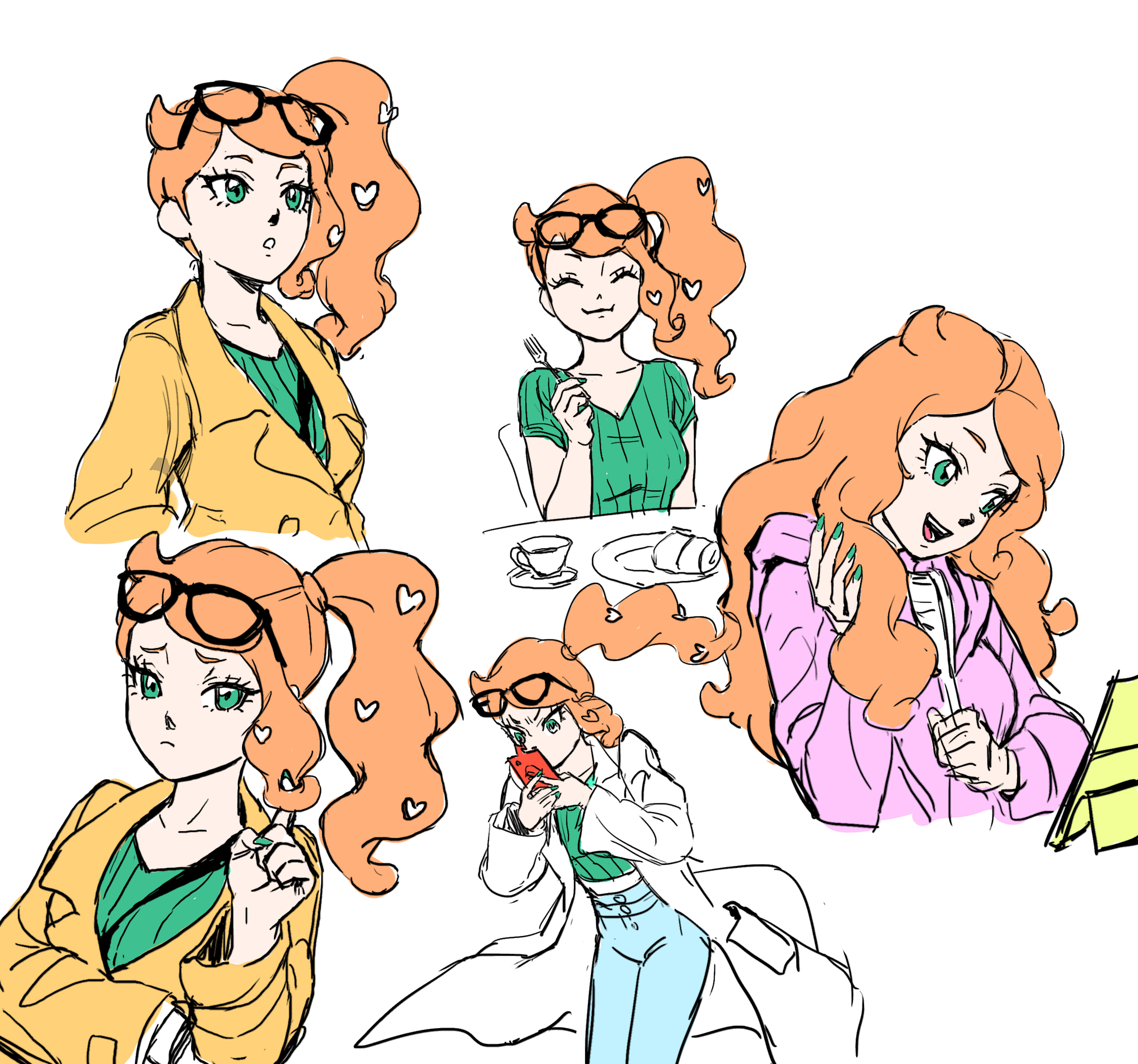 sonia (pokemon), nintendo, pokemon, pokemon: twilight wings, pokemon swsh, absurdres, commentary request, highres, korean commentary, 1girl, aqua eyes, aqua shirt, black-framed eyewear, breasts, brown coat, coat, collarbone, denim, dojo tmnt, eyewear on head, fork, hair down, hair ornament, heart, heart hair ornament, holding, holding fork, jeans, lab coat, medium breasts, midriff, multiple expressions, multiple views, no coat, orange hair, pajamas, pants, pink pajamas, plate, ribbed shirt, shirt, side ponytail, side ponytail with hair base, smile, solo, sunglasses, swept bangs, v-neck