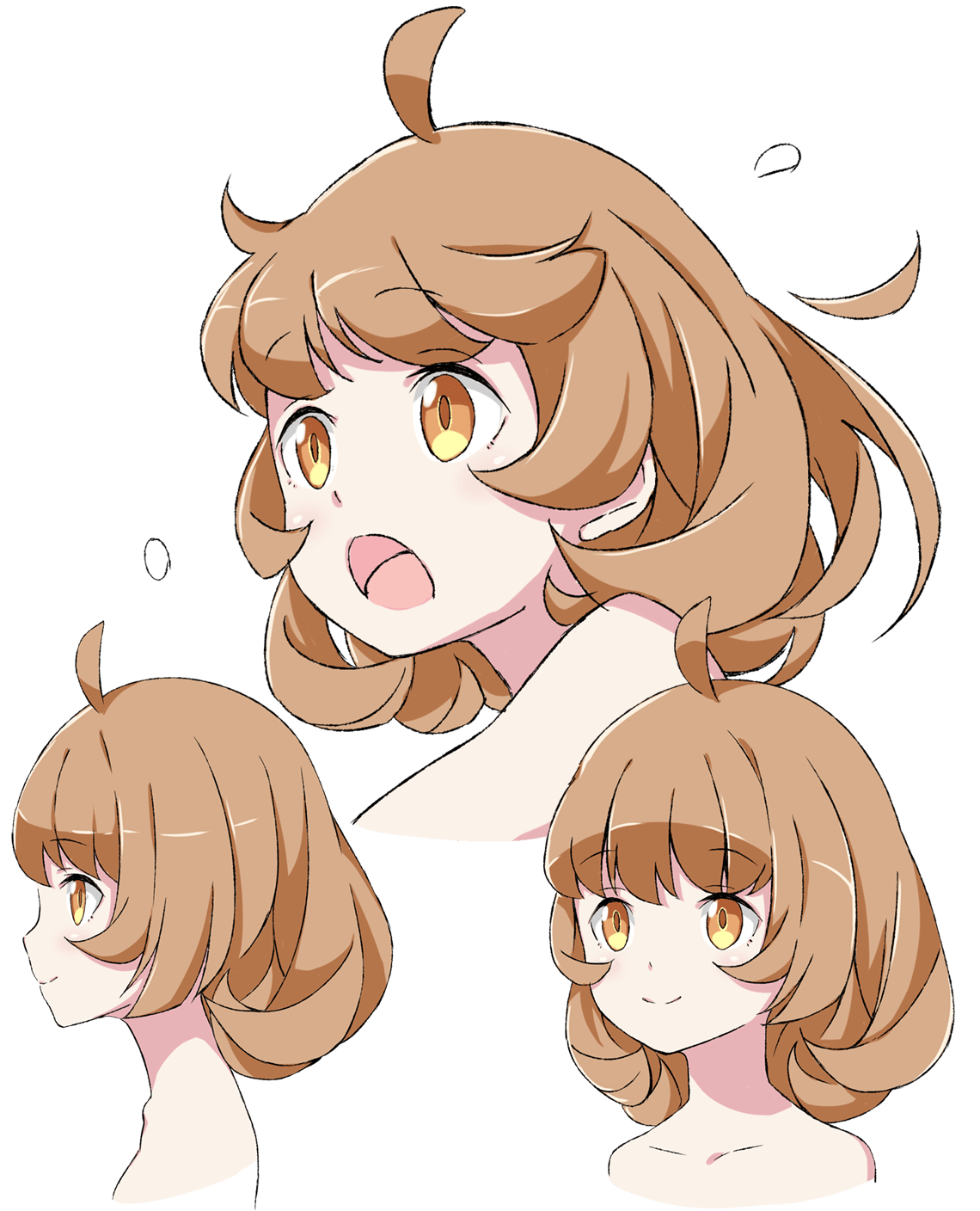 rin (henkei shoujo), henkei shoujo, highres, official art, 1girl, antenna hair, hair between eyes, looking to the side, multiple views, open mouth, simple background, transparent background, upper body, yellow eyes