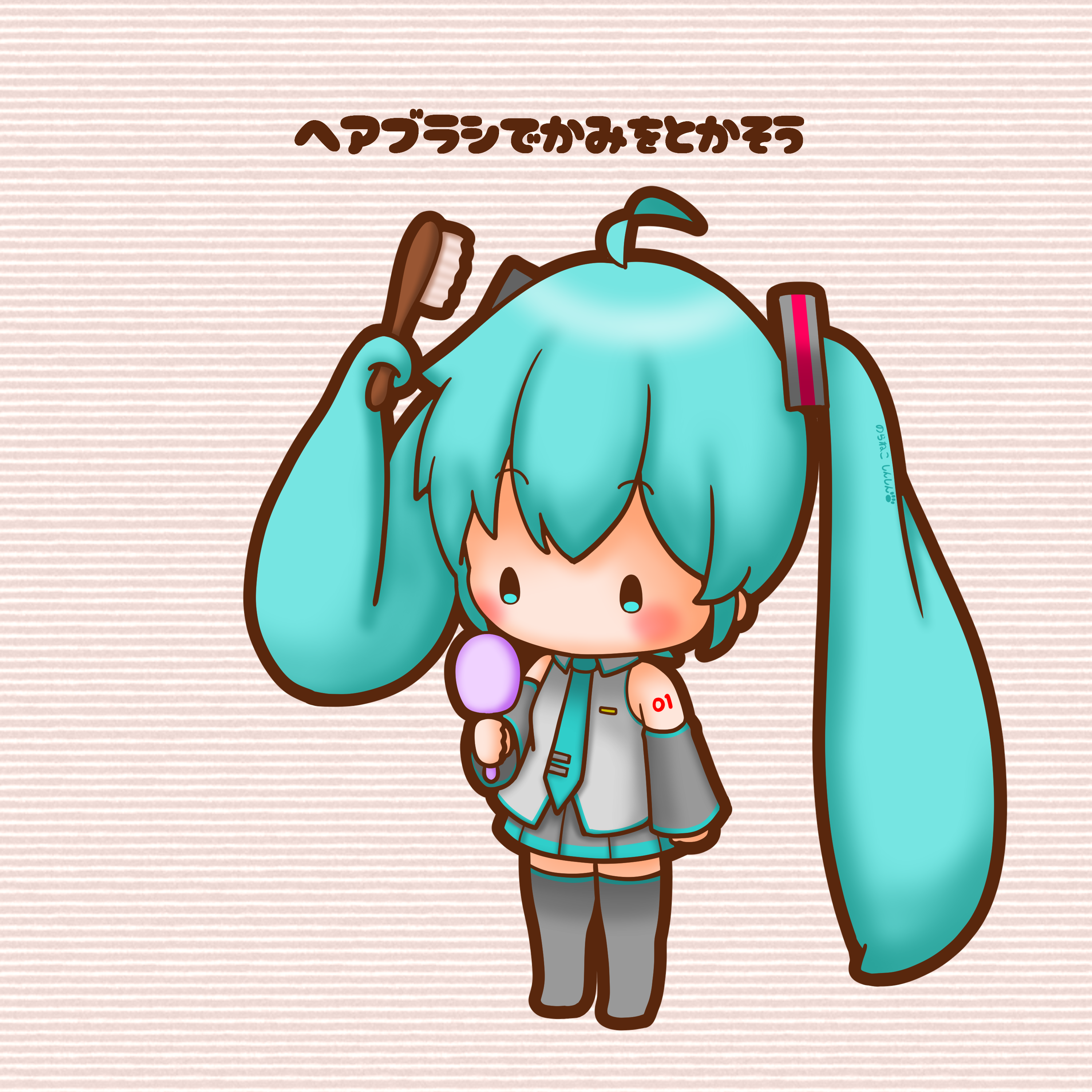 sh1n chan, hatsune miku, vocaloid, absurdres, commentary request, highres, 1girl, ahoge, aqua hair, brushing hair, brushing own hair, chibi, chibi only, full body, hair brush, holding, holding hair brush, holding mirror, long hair, mirror, prehensile hair, solo, standing, twintails, very long hair