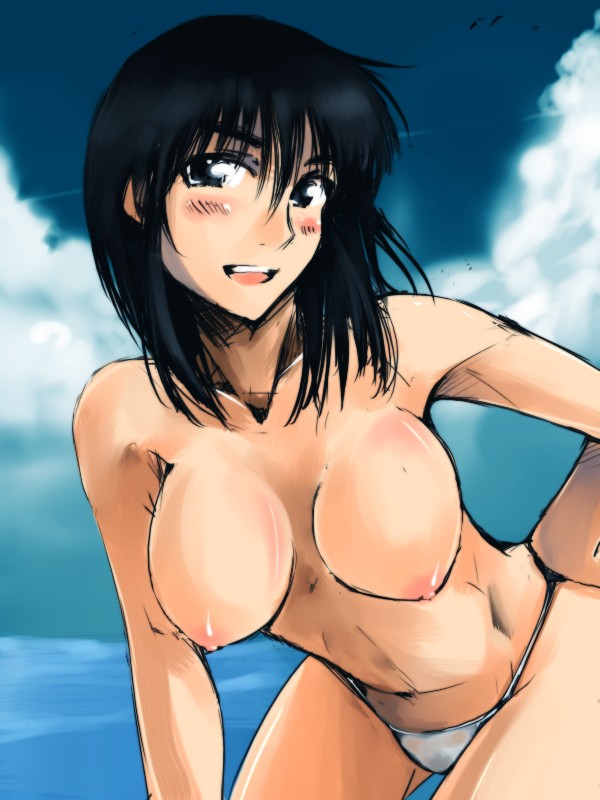 cosaten, suou mikoto (school rumble), school rumble, 00s, 1girl, bikini, bikini bottom only, blush, breasts, contrail, day, female focus, hand on own hip, hanging breasts, hip focus, leaning forward, nipples, smile, solo, swimsuit, topless female
