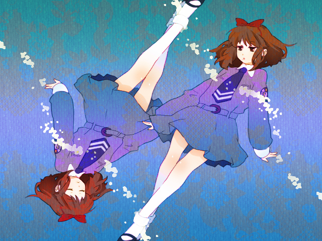 mot, sonomura maki, atlus, persona, persona 1, bad id, bad pixiv id, brown hair, closed eyes, dual persona, necktie, ribbon, school uniform