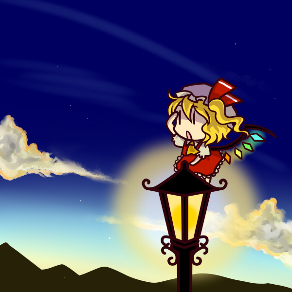 socha, flandre scarlet, touhou, 1girl, blouse, chibi, cloud, female focus, hair between eyes, hat, lantern, mob cap, outdoors, shirt, sky, solo, standing, white hat, white shirt, | |