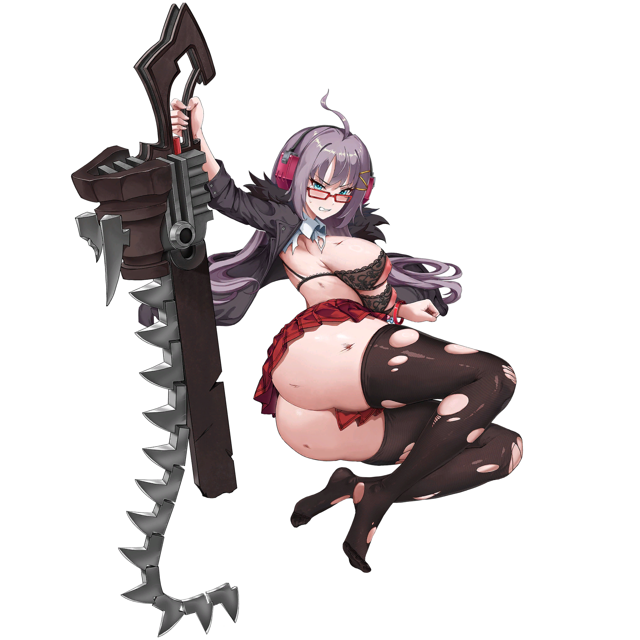u-rix, haru estia, last origin, soulworker, highres, non-web source, official art, 1girl, ahoge, aqua eyes, ass, black bra, black jacket, black thighhighs, blush, bra, bracelet, breasts, broken, broken weapon, bruise, bruise on arm, bruise on chest, chainsaw, checkered clothes, checkered skirt, clenched teeth, collared shirt, full body, fur-trimmed jacket, fur trim, glasses, hair ornament, hairclip, headphones, holding, holding sword, holding weapon, huge ass, injury, inverted nipples, jacket, jewelry, lace, lace-trimmed bra, lace bra, lace trim, large breasts, long hair, looking at viewer, lying, miniskirt, nipple cutout, nipples, official alternate costume, official alternate eye color, official alternate hair color, official alternate hair length, official alternate hairstyle, on side, open clothes, open jacket, pleated skirt, purple hair, rectangular eyewear, red-framed eyewear, red skirt, shirt, sideboob, simple background, skirt, solo, sword, tachi-e, tearing up, teeth, thick thighs, thighhighs, thighs, torn clothes, torn shirt, torn thighhighs, transparent background, underboob, underwear, v-shaped eyebrows, weapon, white shirt