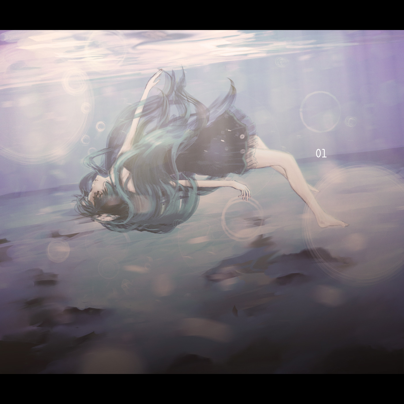 koromoya, hatsune miku, vocaloid, highres, 1girl, barefoot, bubble, dress, feet, female focus, legs, letterboxed, long hair, solo, underwater, water, wet, wet clothes