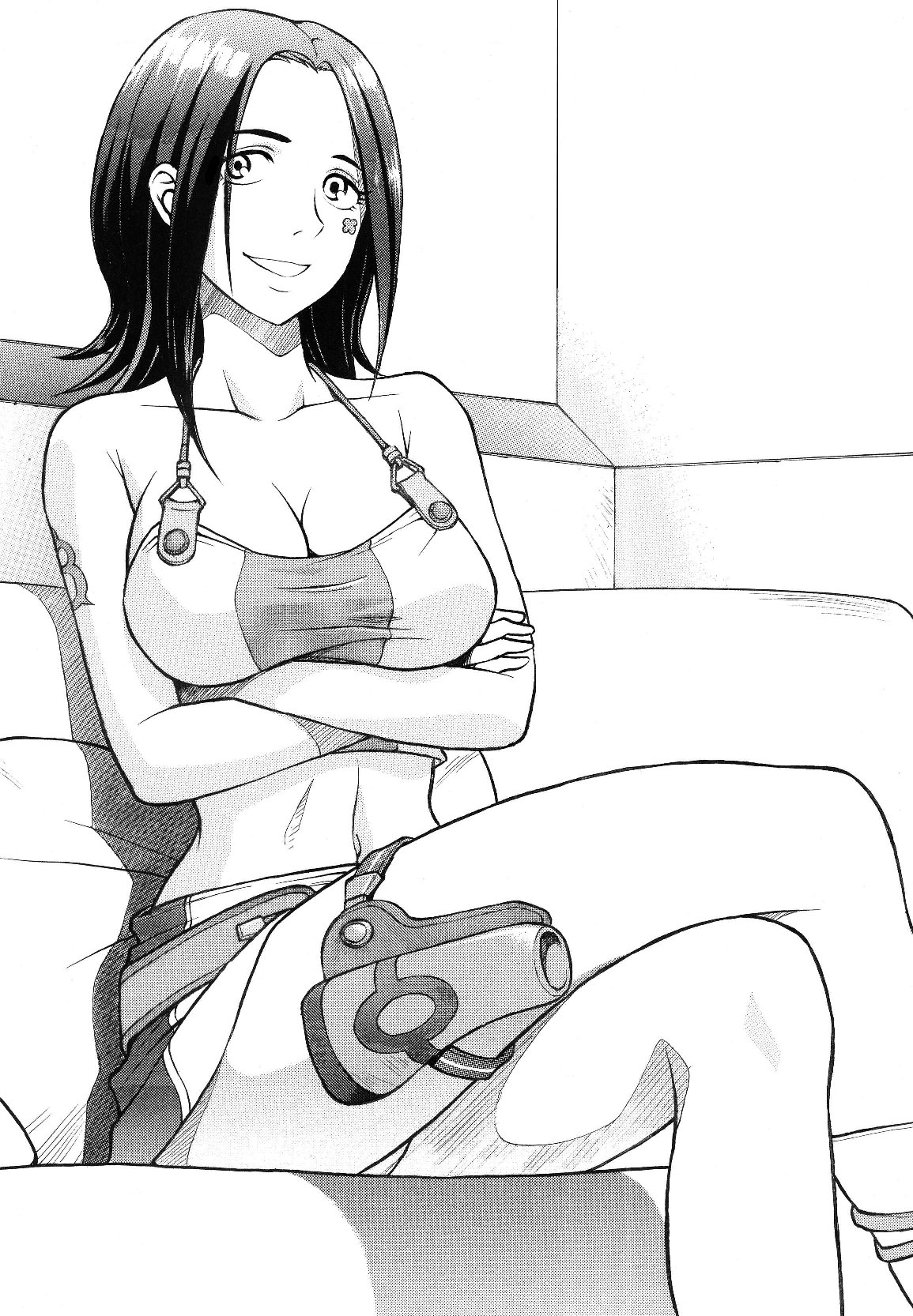 annkoku daimaou, annkokudaimaou, human highlight film, talho yuuki, eureka seven, eureka seven (series), breast hold, highres, 00s, 1girl, :d, bandaid, bare shoulders, belt, boots, breasts, camisole, cleavage, couch, crop top, crossed arms, crossed legs, facial mark, female focus, greyscale, grin, holster, indoors, large breasts, legs, looking at viewer, midriff, miniskirt, monochrome, navel, open mouth, panties, pantyshot, shadow, short hair, sitting, skirt, smile, solo, tattoo, taut clothes, thigh holster, thigh strap, underwear, upskirt, wide hips