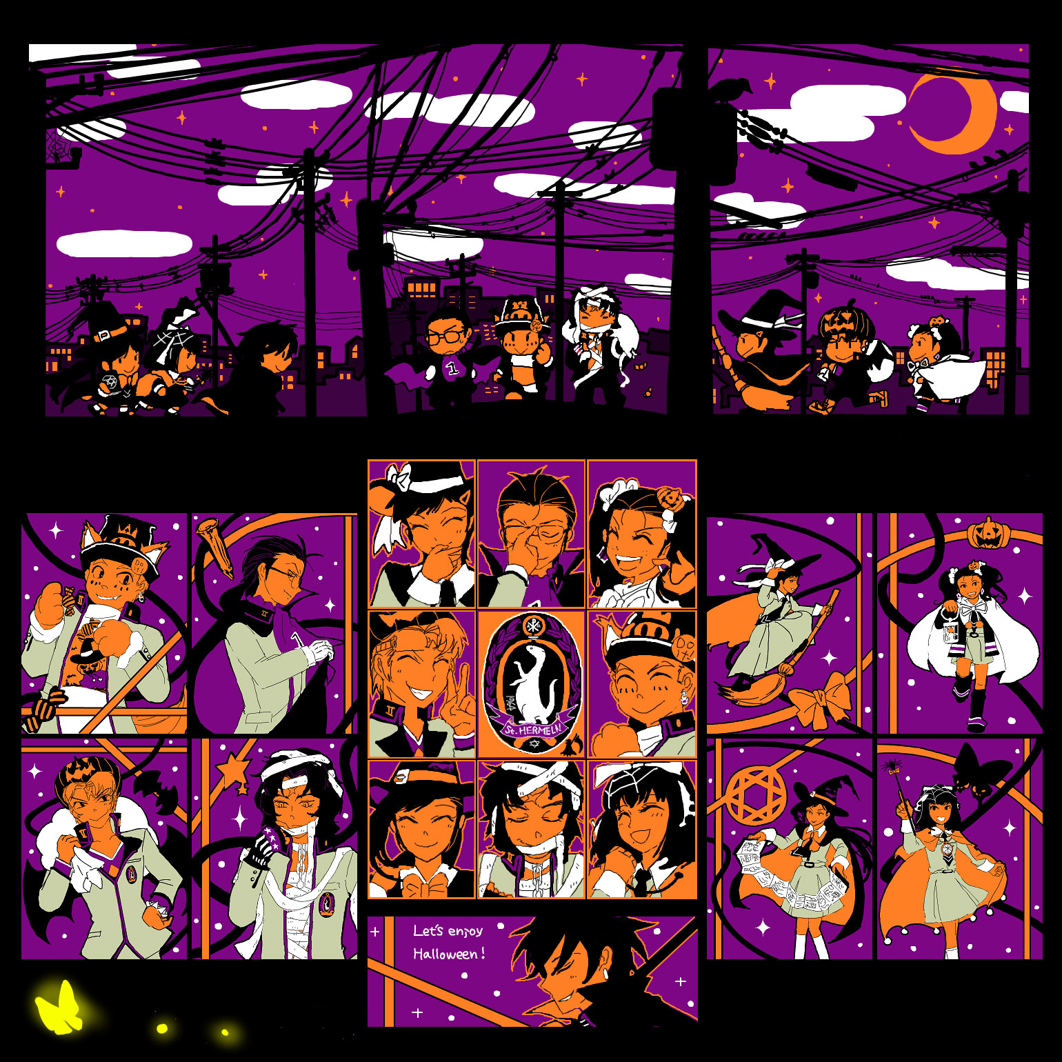 g-jiji, ayase yuka, inaba masao, kido reiji, kirishima eriko, mayuzumi yukino, nanjou kei, sonomura maki, toudou naoya, uesugi hidehiko, atlus, persona, persona 1, highres, 4girls, 5boys, animal ears, bandages, bat (animal), broom, bug, butterfly, cape, cat, cat ears, earrings, everyone, halloween, hat, insect, jewelry, lantern, long hair, moon, multiple boys, multiple girls, mummy, night, ponytail, pumpkin, sky, spider, star (symbol), twintails, vampire, wand, wings, witch