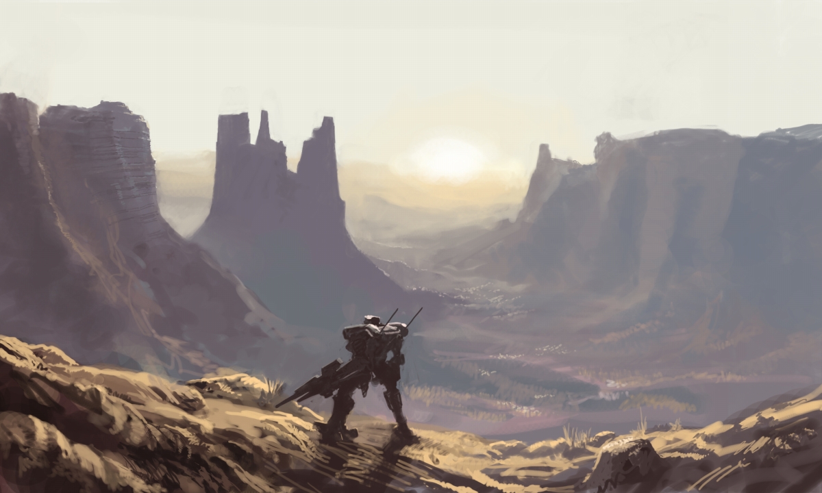 mozuo, armored core, fromsoftware, light, canyon, cliff, cloud, dawn, desert, fog, grass, landscape, mecha, no humans, outdoors, realistic, robot, scenery, sky, sun, sunrise, sunset, valley