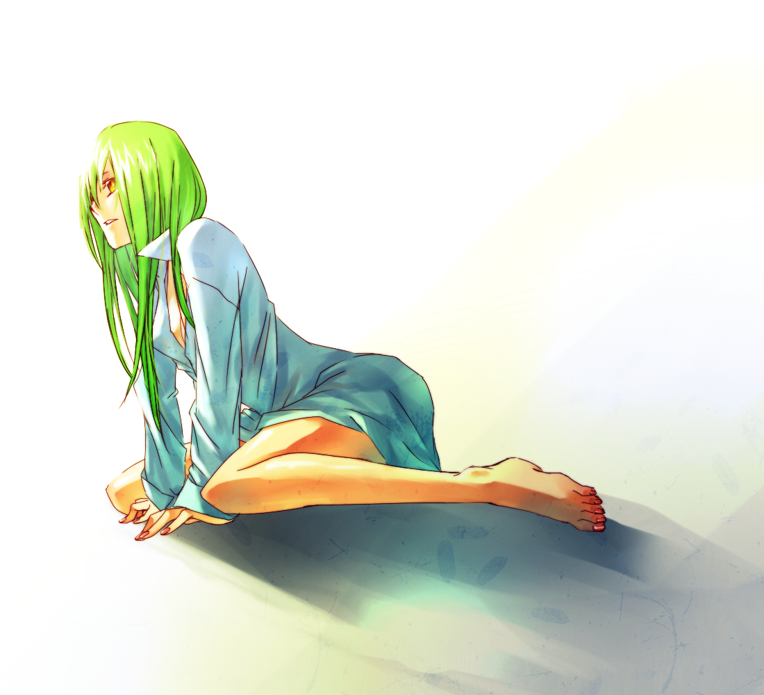 timuka, c.c., code geass, bad id, bad pixiv id, 00s, 1girl, barefoot, breasts, cleavage, dress shirt, feet, female focus, green hair, long hair, medium breasts, nail polish, red nails, shirt, solo, toenail polish, toenails, yellow eyes