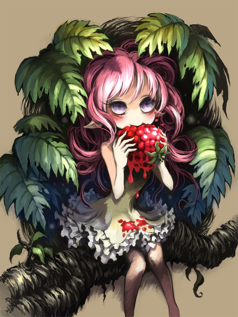 ume (illegal bible), original, 1girl, dress, eating, female focus, food, fruit, juice, leaf, mini person, minigirl, pink hair, purple hair, raspberry, sitting, solo, tree
