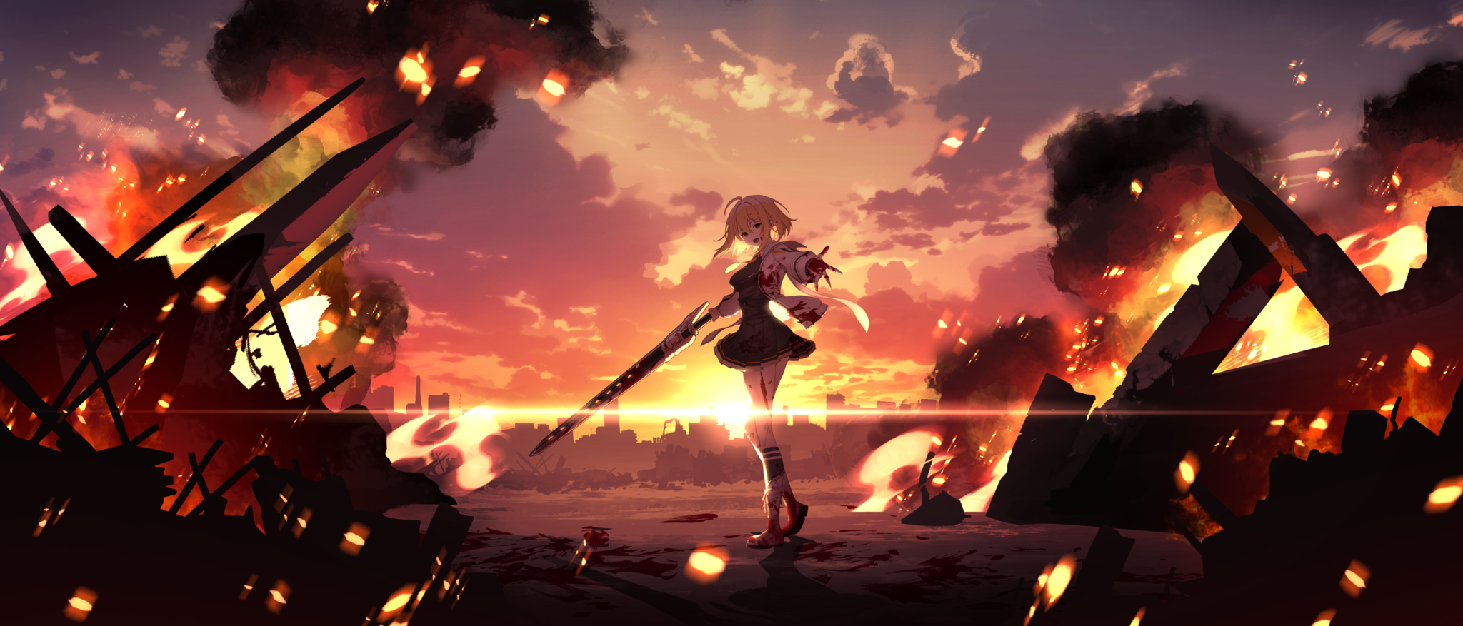 haru estia, last origin, soulworker, artist request, game cg, highres, non-web source, official art, 1girl, ahoge, black dress, black skirt, black socks, blonde hair, blood, blood on clothes, blood on face, blood on hands, blood on leg, blood on shoes, bloody weapon, boots, cloud, cloudy sky, dress, fire, full body, holding, holding sword, holding weapon, jacket, lens flare, looking at viewer, miniskirt, neckerchief, open clothes, open jacket, open mouth, outdoors, pleated skirt, rubble, sailor collar, short hair, skirt, sky, skyline, smile, socks, solo, sunset, sword, tongue, weapon, white boots, white jacket, white sailor collar, wide shot, yellow eyes, yellow neckerchief