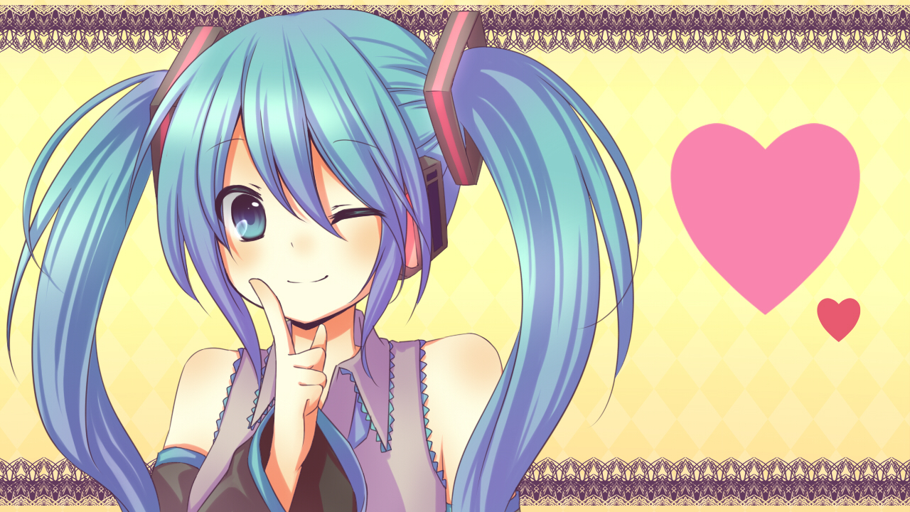 amane kurumi, hatsune miku, vocaloid, 1girl, aqua eyes, aqua hair, detached sleeves, female focus, headphones, heart, long hair, smile, solo, twintails, wink