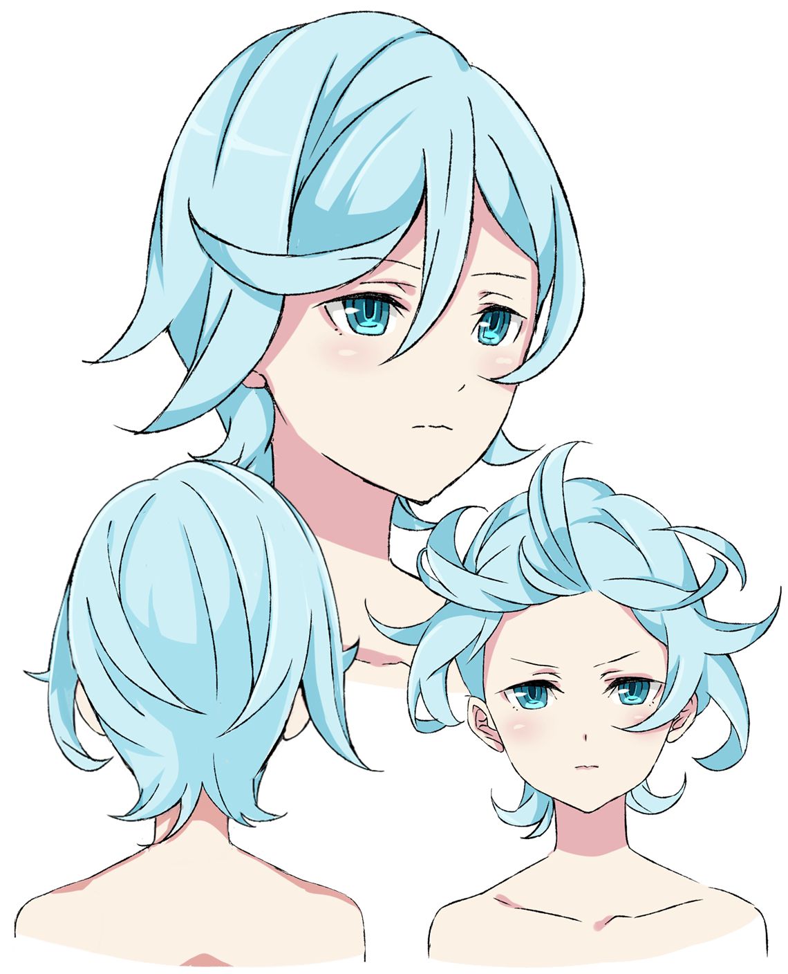 nana (henkei shoujo), henkei shoujo, highres, 1girl, aqua hair, bare shoulders, blue eyes, blue hair, breasts, looking at viewer, multiple views, nude, parted lips, short hair, transparent background, upper body