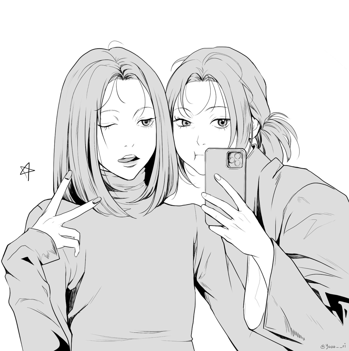 yori (yooo ri), heejin (loona), jinsoul, loona (group), real life, commentary, highres, symbol-only commentary, 2girls, greyscale, holding, holding phone, k-pop, long sleeves, monochrome, multiple girls, one eye closed, phone, ponytail, short hair, sidelocks, simple background, taking picture, tongue, tongue out, turtleneck, twitter username, upper body, v