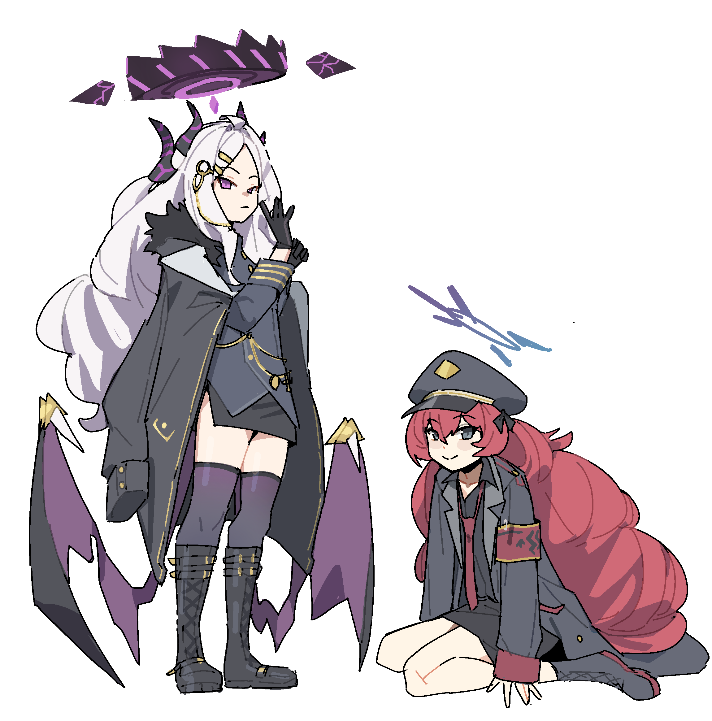 zaigrandeu, hina (blue archive), iroha (blue archive), blue archive, commentary, english commentary, highres, 2girls, ahoge, armband, black coat, black gloves, black halo, black hat, black skirt, black thighhighs, coat, coat on shoulders, demon girl, demon horns, demon wings, full body, gehenna academy logo, gloves, halo, hat, horns, long hair, low wings, multiple girls, necktie, purple halo, red armband, red hair, simple background, sitting, skirt, standing, thighhighs, thighs, very long hair, white background, white hair, wings