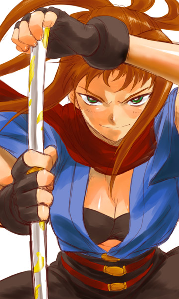 aoba (smartbeat), midori, sugiura midori, my-hime, my-otome, 00s, 1girl, breasts, cleavage, female focus, fingerless gloves, gloves, scarf, solo, sword, weapon