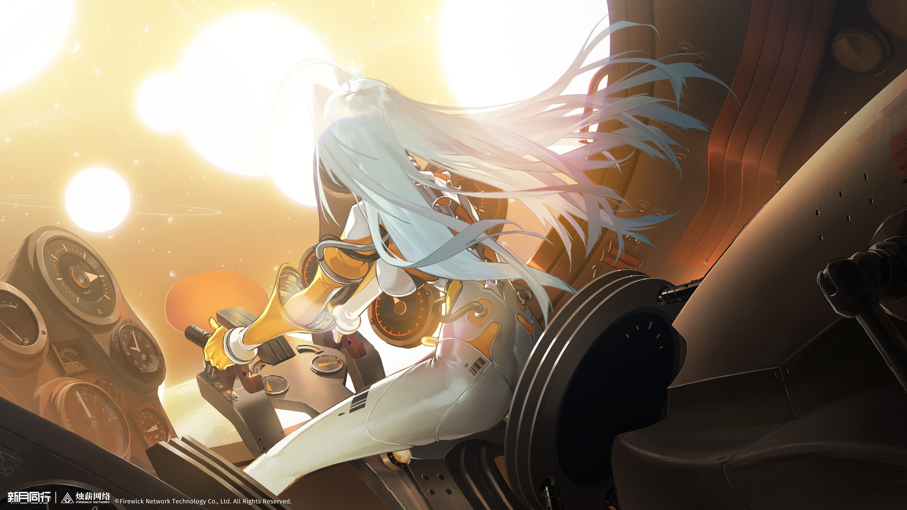 xinyue tongxing, absurdres, highres, official art, official wallpaper, 1girl, ahoge, blue hair, bodysuit, breasts, copyright name, copyright notice, driving, explosion, facing away, floating hair, from behind, hair intakes, logo, long hair, multicolored bodysuit, orange bodysuit, shuguang (xinyue tongxing), sitting, solo, spacecraft interior, two-tone bodysuit, very long hair, white bodysuit