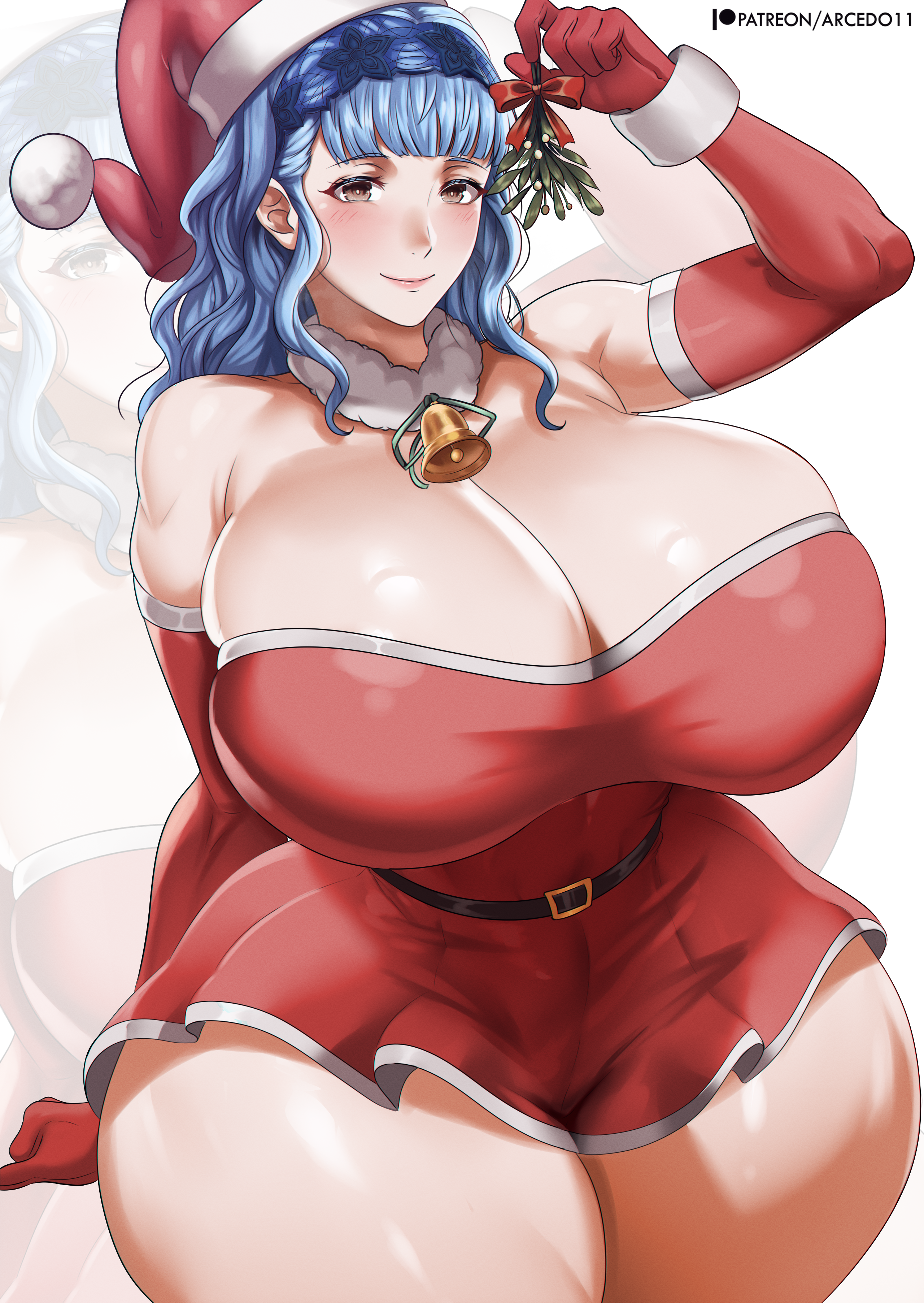 arcedo, marianne von edmund, fire emblem, fire emblem: three houses, nintendo, absurdres, highres, 1girl, bare shoulders, bell, belt, blue hair, blush, breasts, cleavage, curvy, elbow gloves, female focus, gloves, hat, huge breasts, looking at viewer, medium hair, mistletoe, santa hat, skindentation, solo, thick thighs, thighs, wide hips