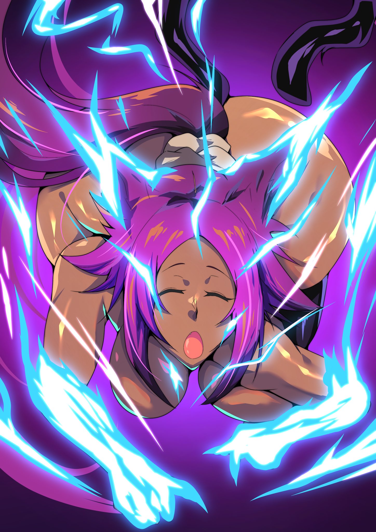young pvch, shihouin yoruichi, bleach, bleach: sennen kessen-hen, highres, 1girl, 2024, alternate form, black thighhighs, breasts, closed eyes, dark-skinned female, dark skin, electricity, electrokinesis, female focus, hair ears, large breasts, nude, open mouth, ponytail, purple background, purple hair, shiny skin, simple background, tail, thighhighs, wide hips