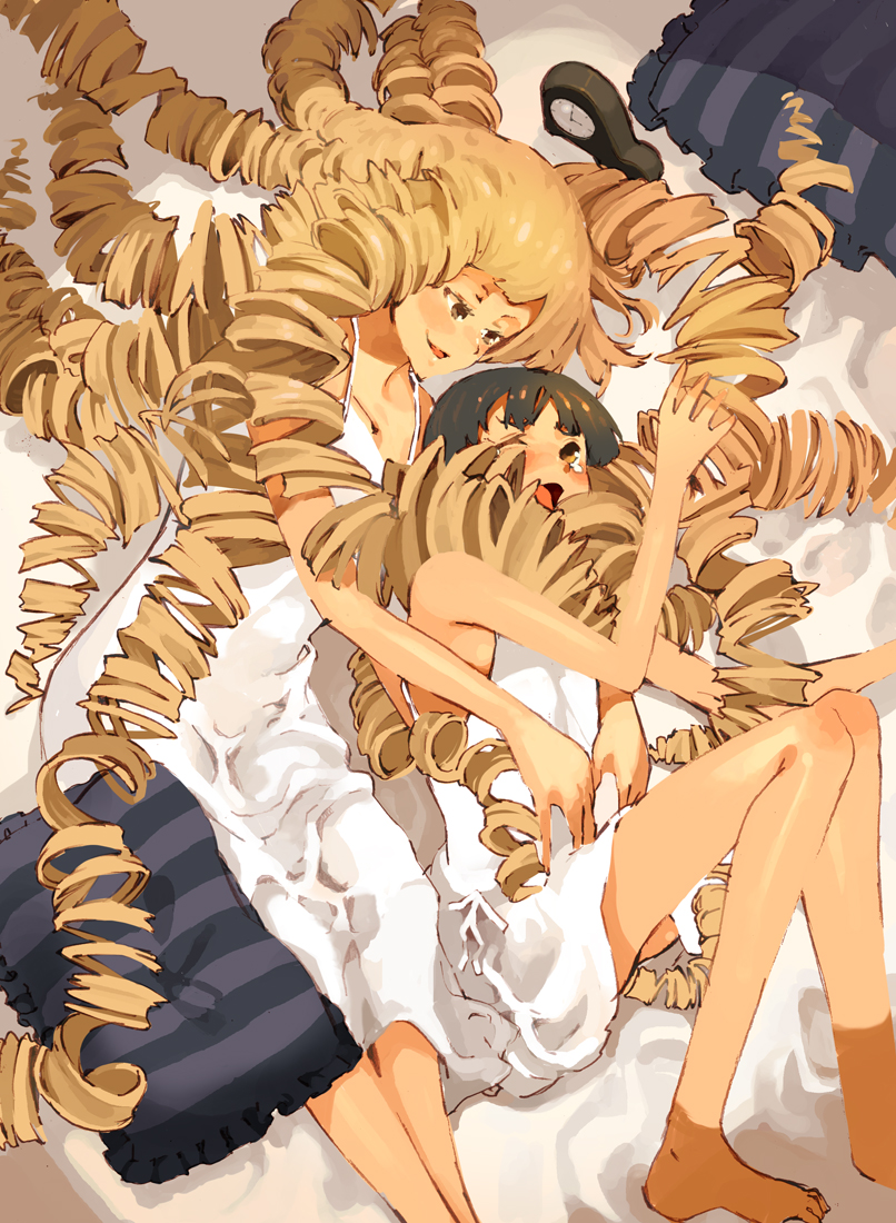 kacchuu, original, bad id, bad pixiv id, 2girls, barefoot, black hair, blonde hair, clock, dress, drill hair, feet, hair spread out, long hair, lying, multiple girls, on side, pillow, ringlets, very long hair