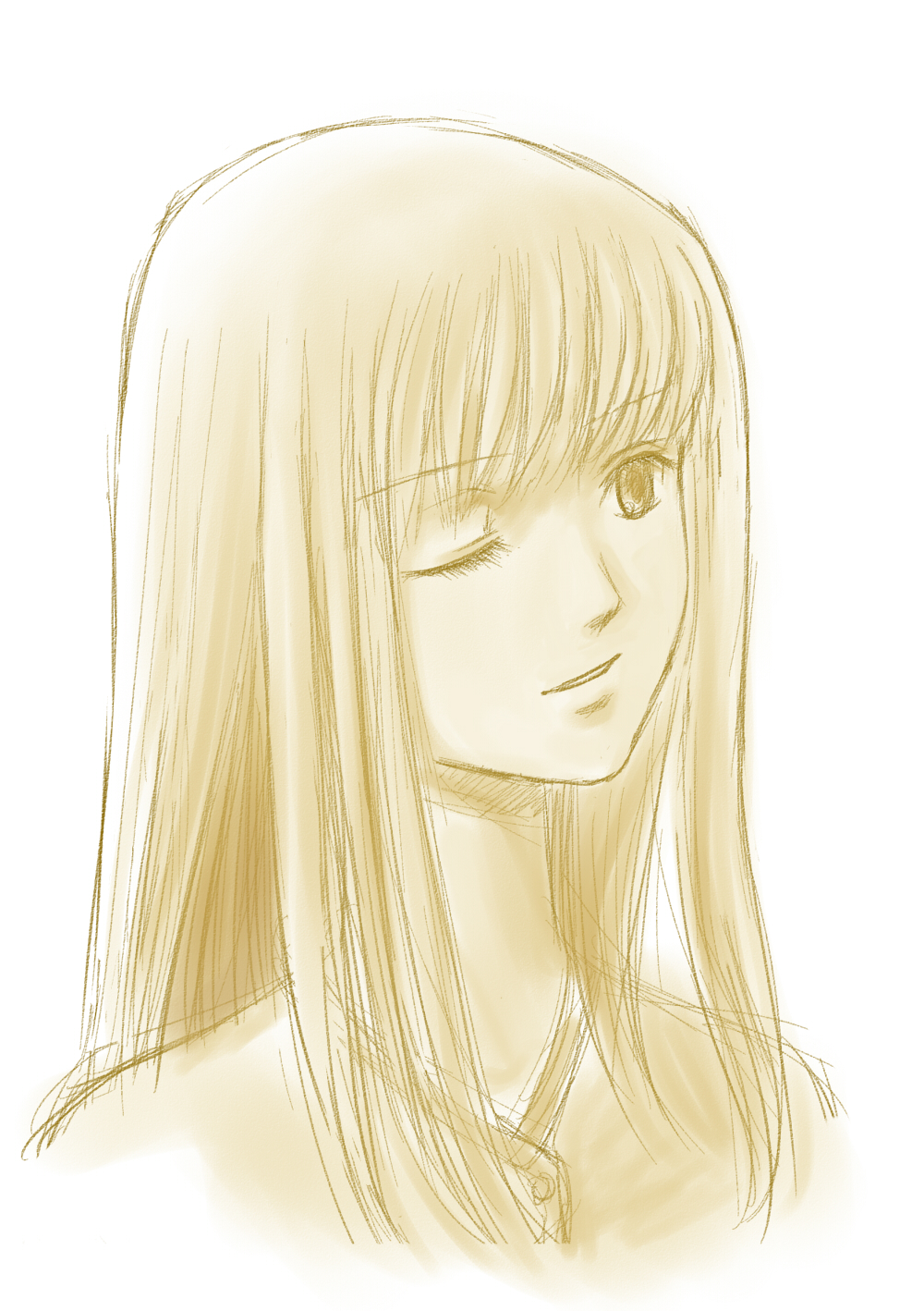 byunderstand, fukuji mihoko, saki (manga), bad id, bad pixiv id, highres, 00s, 1girl, female focus, monochrome, one eye closed, solo, wink, yellow theme