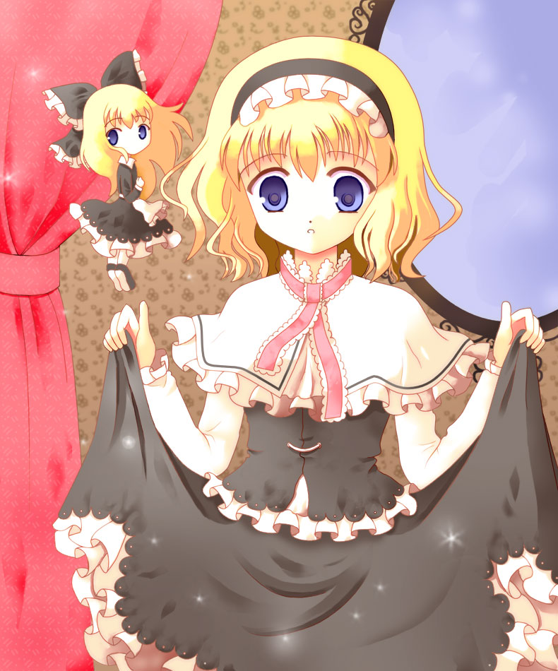 hazakura satsuki, alice margatroid, shanghai doll, touhou, 2girls, alternate color, blonde hair, blue eyes, doll, female focus, hairband, indoors, multiple girls, short hair, solo, standing