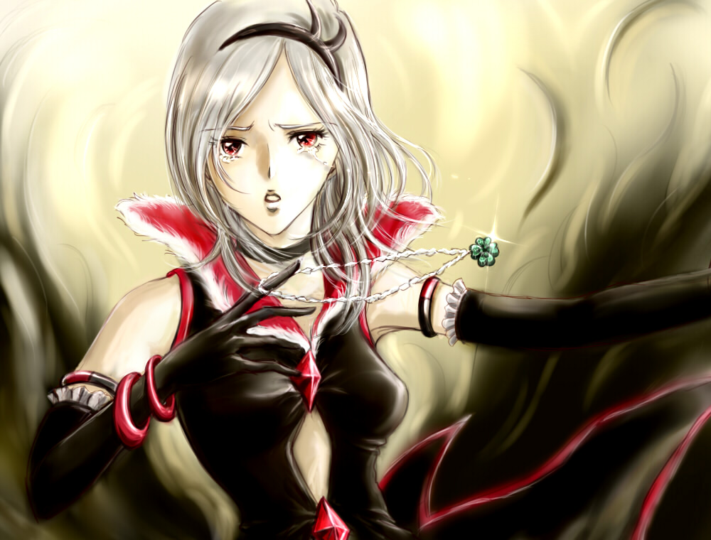 yukki (rffcq251), eas (fresh precure!), higashi setsuna, fresh precure!, precure, black neckwear, silver hair, 00s, 1girl, breasts, elbow gloves, eyelashes, female focus, gloves, jewelry, necklace, red eyes, solo, tears