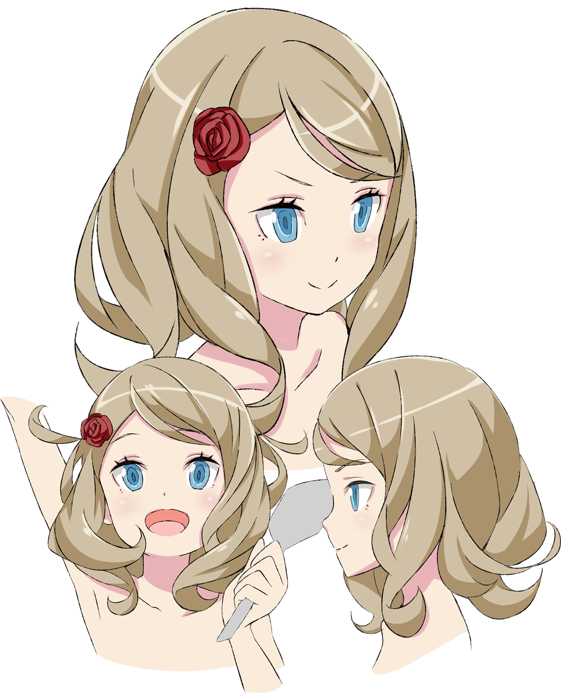 arisa (henkei shoujo), henkei shoujo, highres, official art, 1girl, blonde hair, blue eyes, breasts, hair ornament, holding, holding spatula, multiple views, nude, open mouth, parted lips, spatula, transparent background, upper body