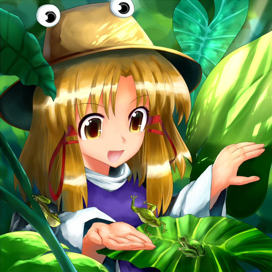 nanban teishoku, moriya suwako, touhou, bad id, bad pixiv id, 1girl, animal, blonde hair, female focus, frog, hair ribbon, hat, leaf, long hair, nature, outdoors, ribbon, solo, yellow eyes